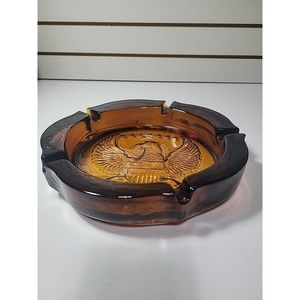 Vintage Amber Glass American Eagle Cigar Ashtray 10” x 2” Heavy Glass